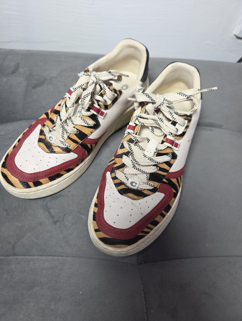 Coach Cream and Burgundy Tiger-Print Lace-Up Sneakers **no box**